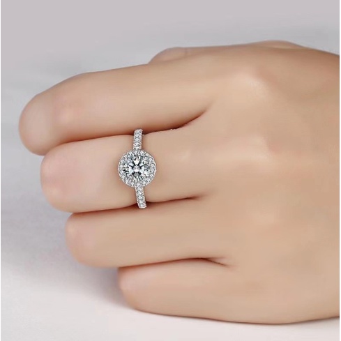 Nhẫn bạc sterling 100% S925 sterling bạc 100% có thể điều chỉnh hình kim cương thanh lịch cho nữ 1 carat