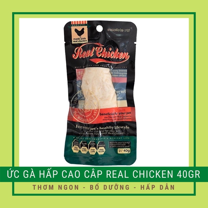 Ức gà hấp ăn liền Real Chicken cao cấp cho Chó Mèo gói 40gr - Gà thật 100% vị thịt mềm thơm cho các bé kém ăn | Date mới