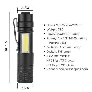 6000LM XPE+COB LED Flashlight 4 Mode Zoomable Clip Torch Light Penlight
