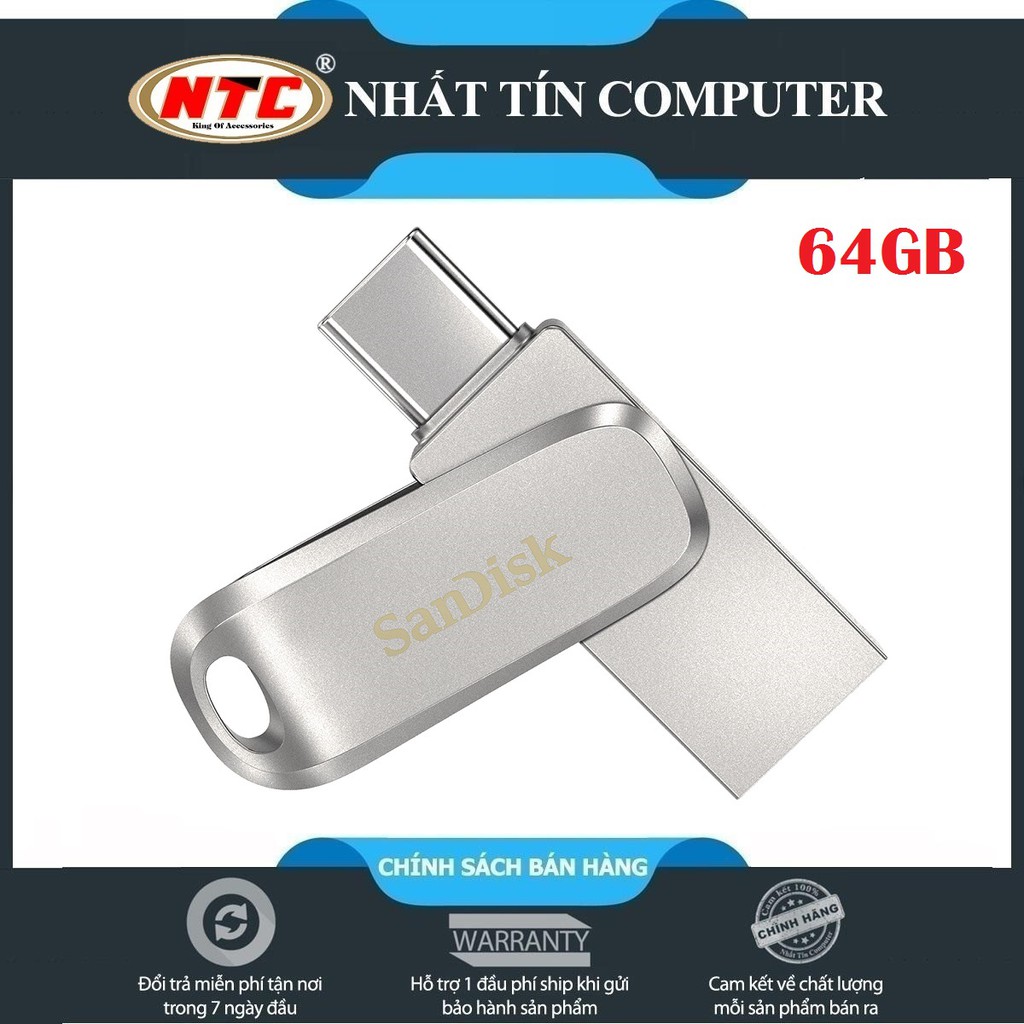 [Mã 253ELSALE hoàn 7% đơn 300K] USB OTG Sandisk Ultra Dual Drive Luxe USB Type-C 3.1 64GB 150MB/s (Bạc) - Vỏ kim loại
