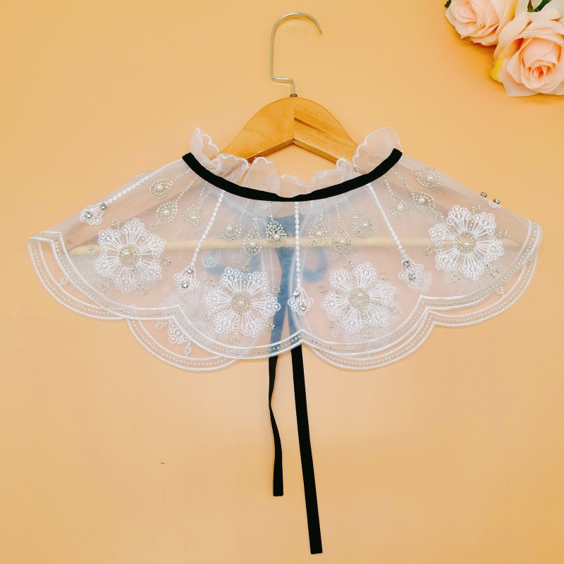 Cổ áo giả thắt nơ thêu họa tiết đính ngọc trai dành cho nữ