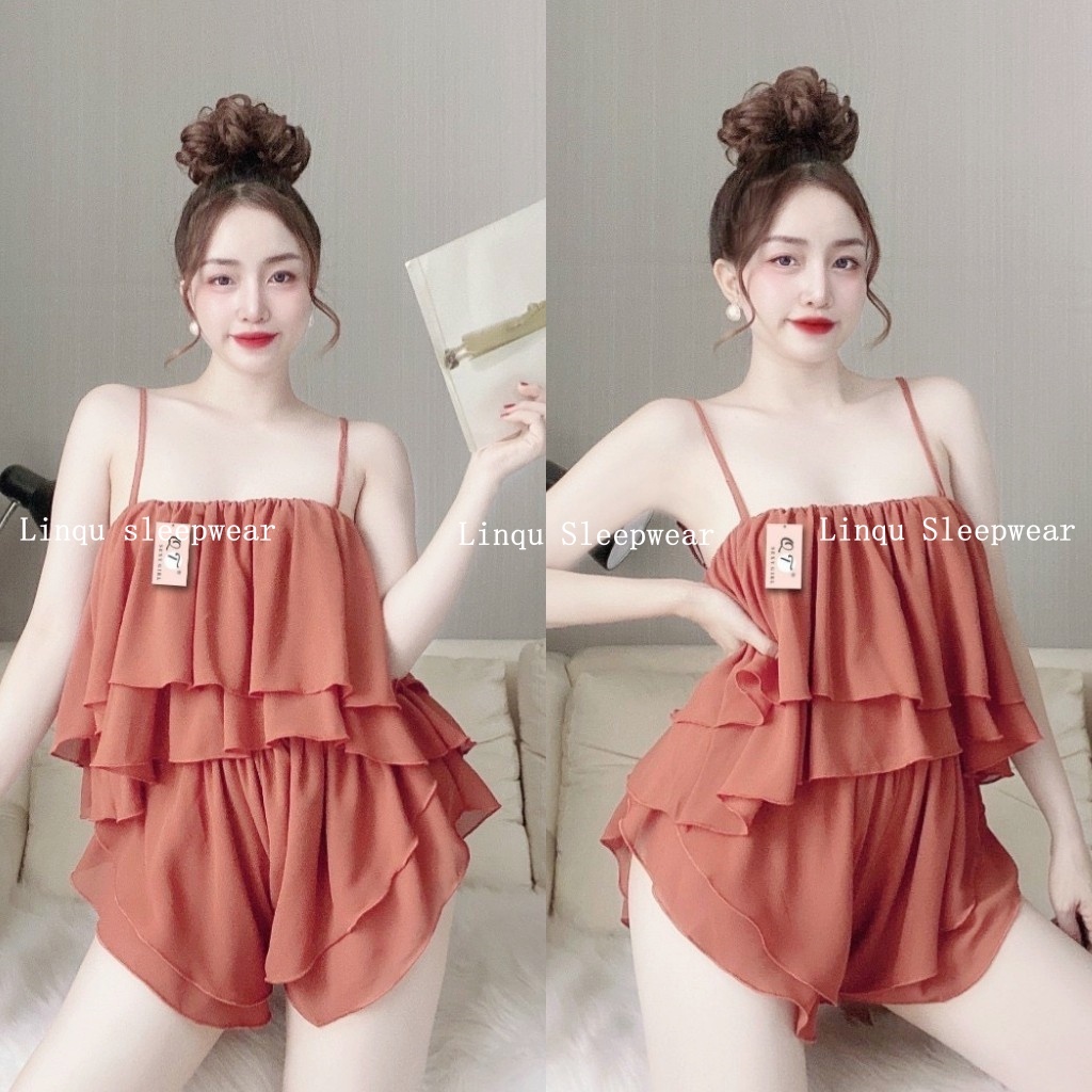 Đồ ngủ sexy đồ ngủ 2 dây gợi cảm chất chiffon mềm mát may hai lớp  freesize dưới 55kg - linqustore