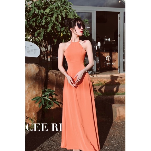 Váy lụa tơ tằm cổ yếm form dài màu cam đào ( Ảnh thật - Chính chủ CEE RI )