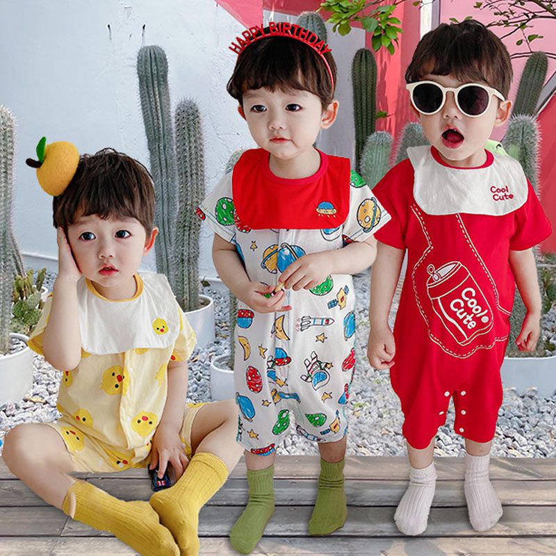 Bộ Đồ Ngủ Áo Liền Quần Tay Ngắn Chất Liệu Cotton Mỏng In Họa Tiết Hoạt Hình Thời Trang Mùa Hè Cho Bé