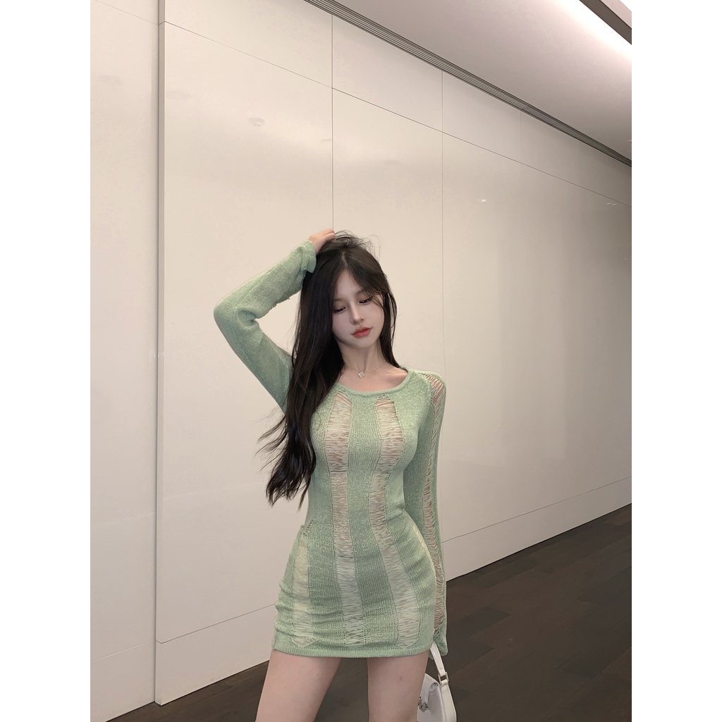 Đầm Dệt Kim Tay Dài Hở Lưng/ Không Hở Lưng Dáng Ôm Phong Cách Hàn Quốc Thời Trang Cho Nữ