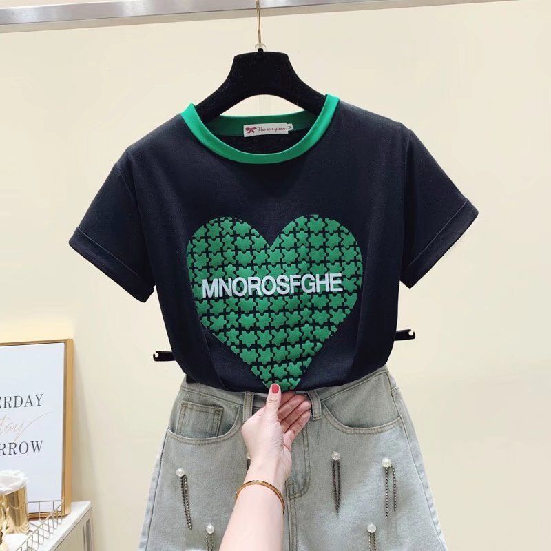 Áo Thun Cotton Cổ Tròn Tay Ngắn In Hình Trái Tim Phối Màu Thời Trang Mùa Hè Hàn Quốc Mới 2022 Dành Cho Bạn Nữ
