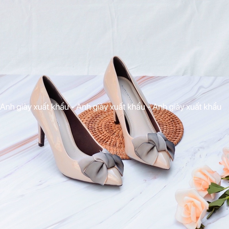 CG70 - Giày cao gót da bóng gót nhọn 7p nơ lụa to cực xinh ( ảnh thật, kèm video)