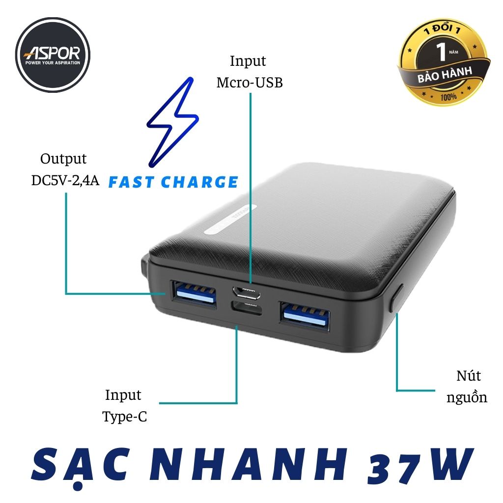 🎁TẶNG DÂY SẠC🎁Sạc dự phòng giá rẻ ASPOR A323 10.000mAH + 2 Cồng Tích hợp sạc nhanh 37W cho Điện Thoại| Tablet| Laptop