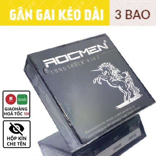 Bao cao su Rocmen ngựa đen [SỐC][HÀNG CHÍNH HÃNG] 4 trong 1 - Gân gai, ôm sát kéo dài thời gian, Hộp 3 bao