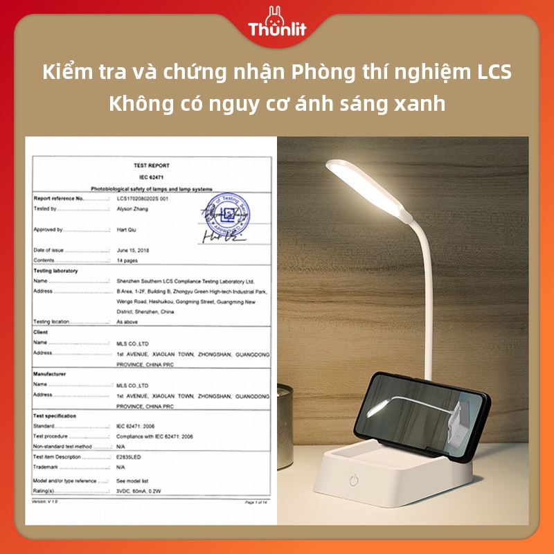 Đèn học THUNLIT bóng LED chỉnh độ sáng đầu cắm USB với giá đỡ điện thoại và hộp đựng tiện lợi
