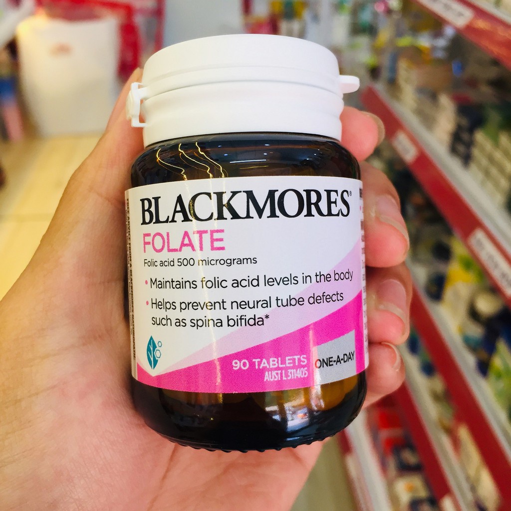 Blackmores Folate 500mg (Úc) chứa Axit Folic cho mẹ bầu chống dị tật ống thần kinh thai nhi.