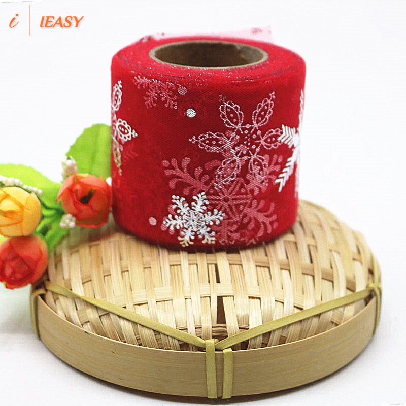 Cuộn Dây Ruy Băng Lưới 6cm 25 Yard Họa Tiết Bông Tuyết Lấp Lánh Làm Đồ Thủ Công Diy