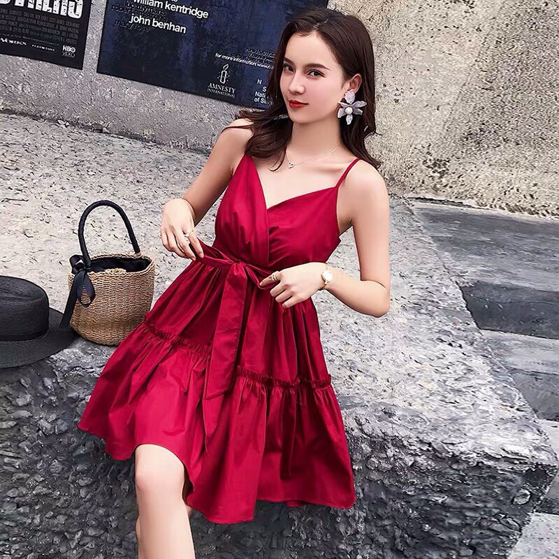Dầm Voan Hai Dây Kiểu Cổ V Đắp Chéo Kết Hợp Dây Thắc Nơ Nữ Tính TTS0835