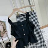 Set áo 2 dây babydoll bèo cúc ngọc quần kẻ caro DN10100