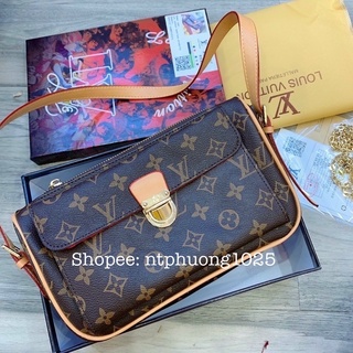 Túi LV dáng cặp khoá cài kẹp nách & đeo chéo 2 dây đeo Fullbox 25cm - ảnh thật