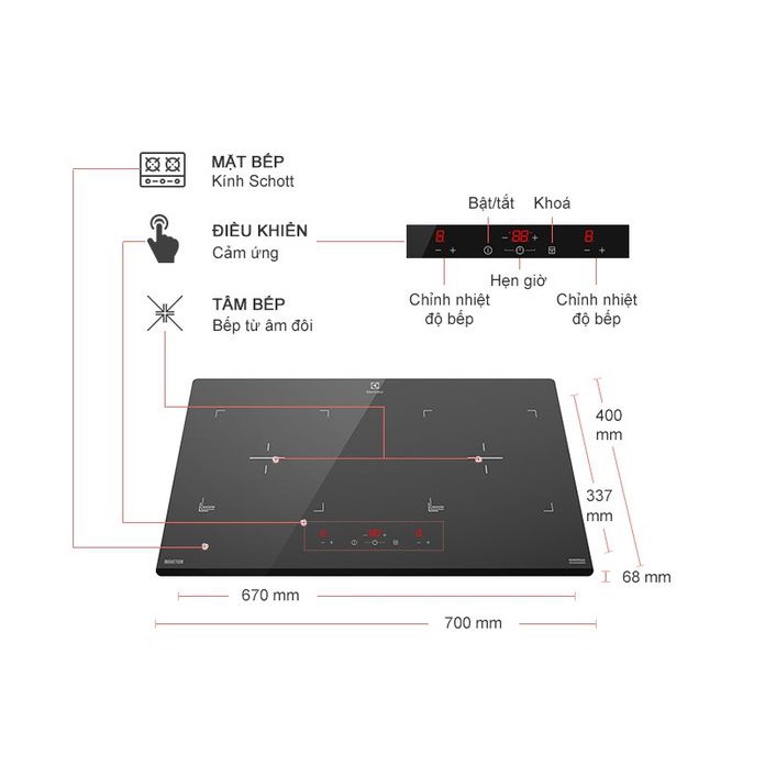 Bếp Điện Từ âm 2 vùng nấu ELECTROLUX EHI7023BA