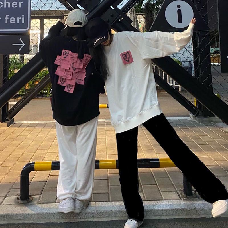 Jiashucheng Áo Sweatshirt Dáng Rộng Hình Nốt Nhạc Trái Tim Dính Phong Cách Hàn Quốc Dễ Phối Đồ