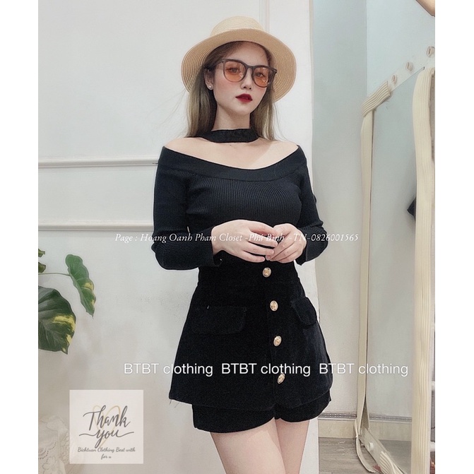 Áo len tăm trễ vai dài tay, có dây vòng qua cổ, phong cách hàng Quảng Châu