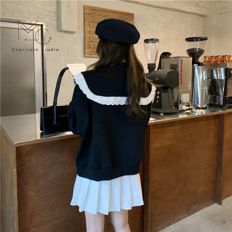 Áo khoác len màu đen cổ búp bê phong cách Hàn Quốc đáng yêu