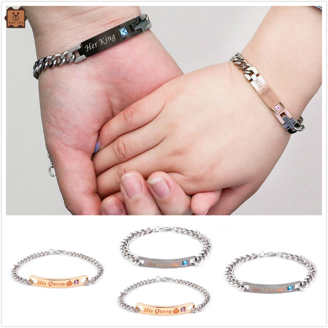 1 Cặp Vòng Tay Bằng Hợp Kim In Chữ Her King His Queen Cho Cặp Đôi
