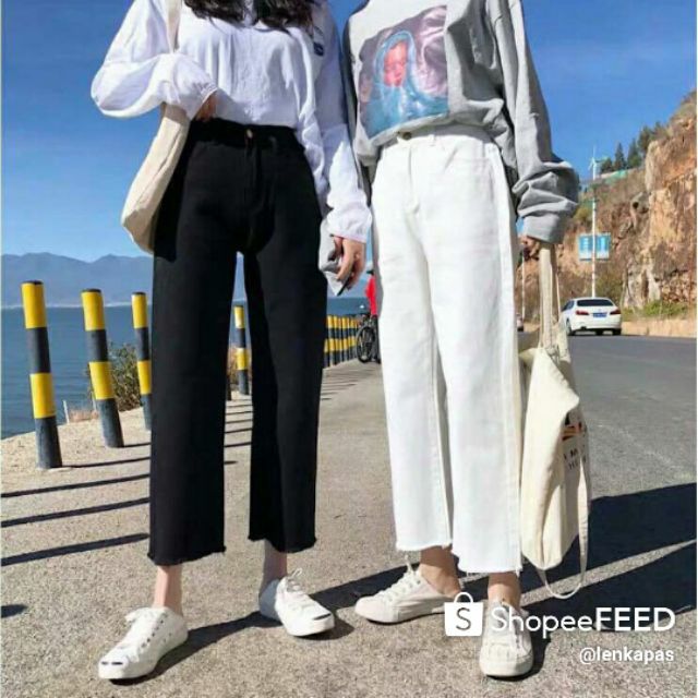 Lenkapas - Quần Ulzzang Kaki Jeans ống rộng lưng cao - hình thật trải sàn