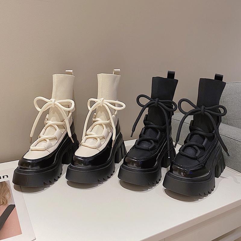Boot nữ cao cổ phối cổ chun dây buộc đế răng cưa cực chất| N12
