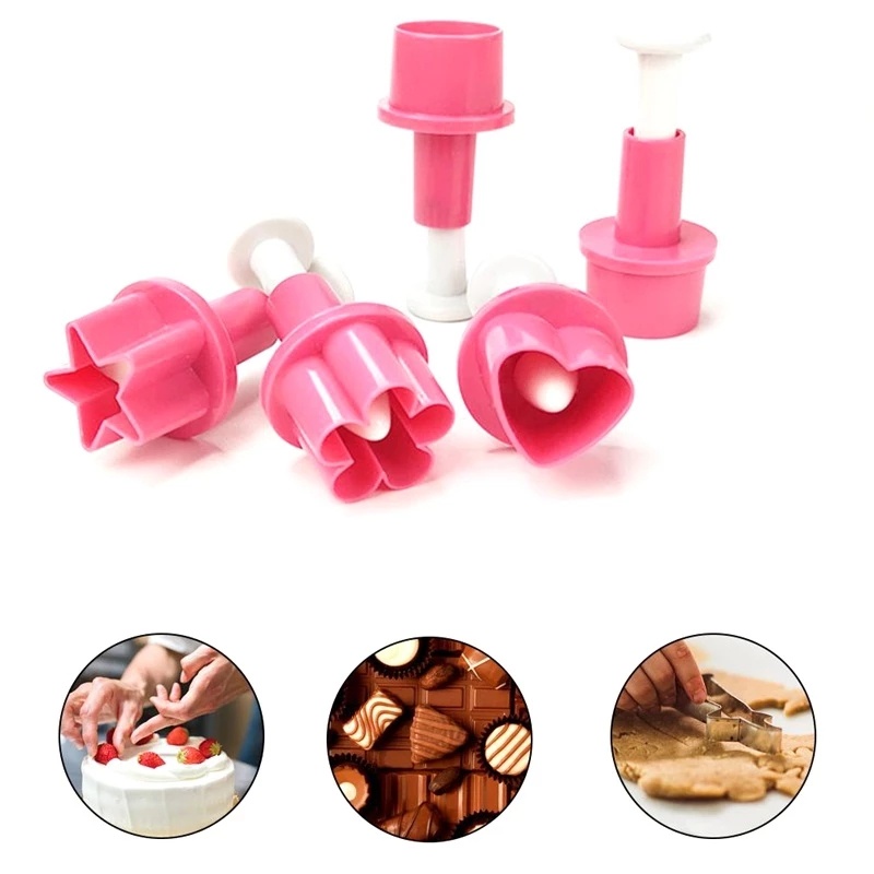 Set 5 Khuôn Cắt Bánh Quy Tạo Hình Nút Áo Ngôi Sao / Trái Tim / Hoa Mận Trang Trí Bánh Kem