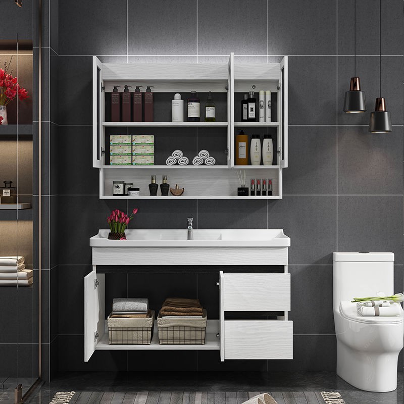 Bắc Âu thông minh kết hợp tủ phòng tắm bằng gỗ rắn căn hộ nhỏ treo tường chậu rửa tay gương < | BigBuy360 - bigbuy360.vn