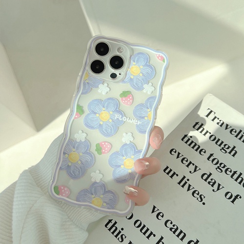 Ốp Điện Thoại Trong Suốt Thiết Kế Gợn Sóng In Hoa/ Dâu Tây Xanh Dương Cho iphone 13 12 11 pro max x xr xs max7 8 plus
