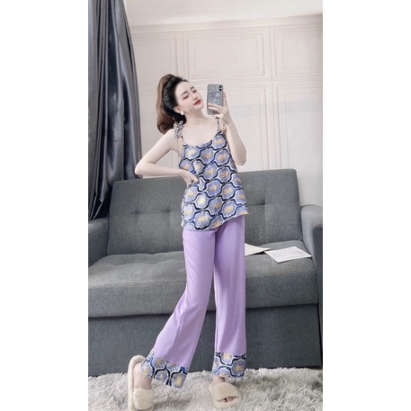 Bộ ngủ dây mặc ngủ mặc nhà quần dài có túi họa tiết xinh xắn