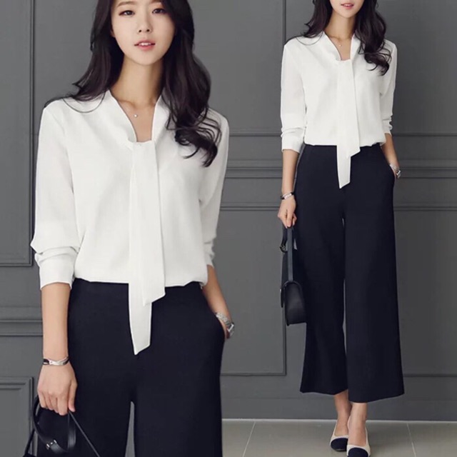 Sơmi nữ voan lụa có nơ ngực, 2 màu đỏ và trắng