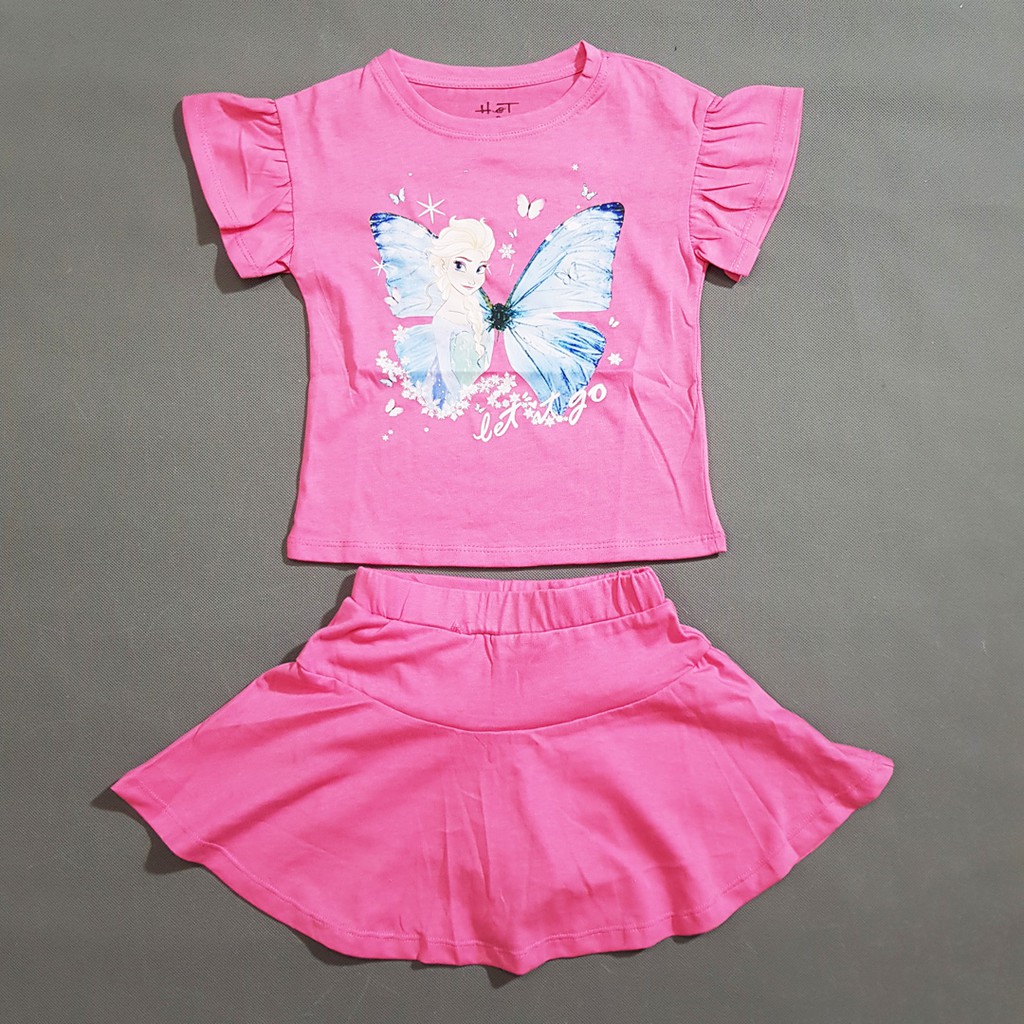 Bộ áo thun tay loe in công chúa elsa và váy quần điệu đà bé gái