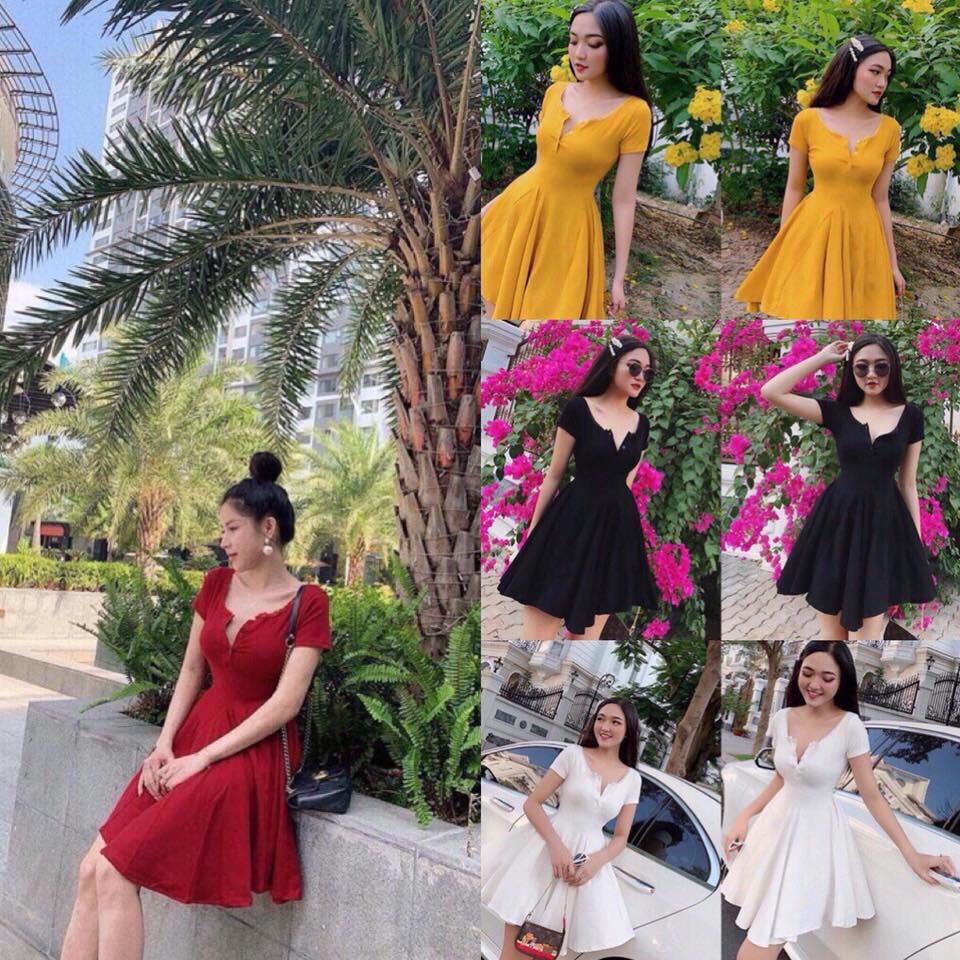 đầm body xòe cổ trụ tay ngắn