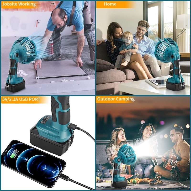 Quạt Cắm Trại Ngoài Trời Phù Hợp Cho Makita For Dewalt Bosch For Milwaukee For Black Decker Pin 14.4-20V Kèm Đèn Chất Lượng Cao