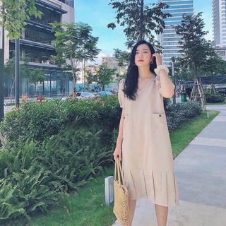 Đầm váy freesize kem cổ V 2 túi