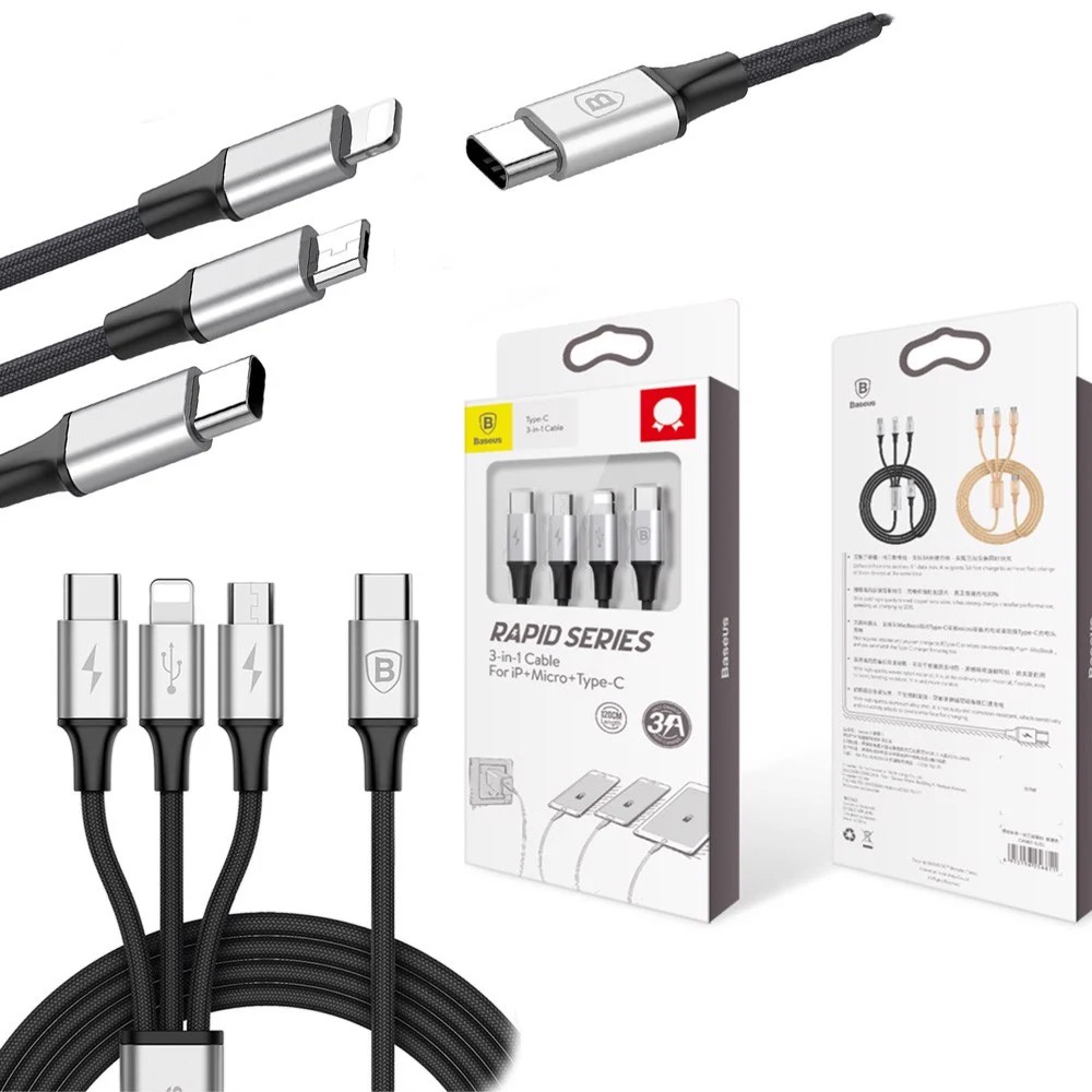 Cáp sạc Baseus USB Type-C 3-in-1 Cable, sạc chuẩn từ Type-C ra 3 đầu Lightning/Micro/Type-C, dài 120cm, sạc nhanh 3A