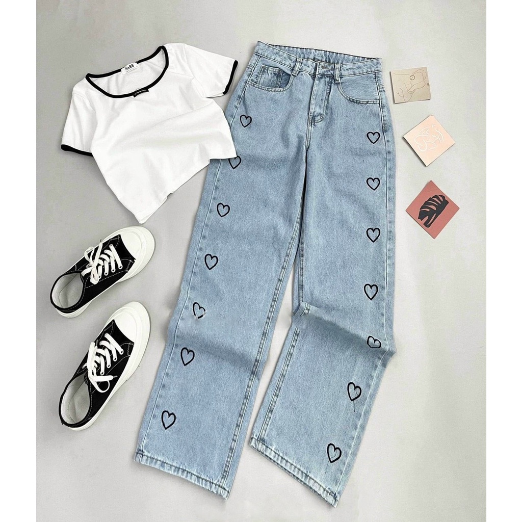Quần jean nữ baggy ống rộng thêu họa tiết cực đẹp AnNgo - AT161