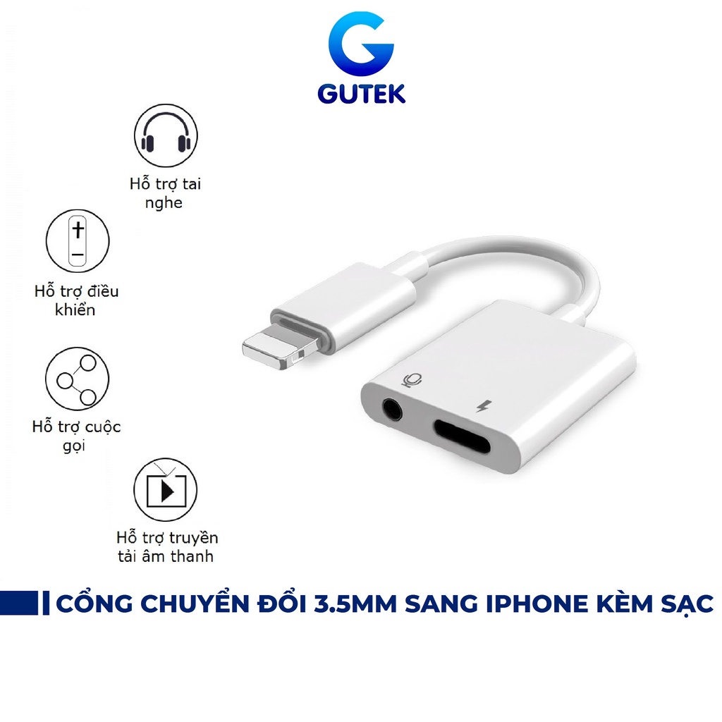 Dây cáp chuyển đổi tai nghe cổng giắc 3.5mm sang chân cắm lightning ip kèm cổng sạc an toàn - Gutek A3