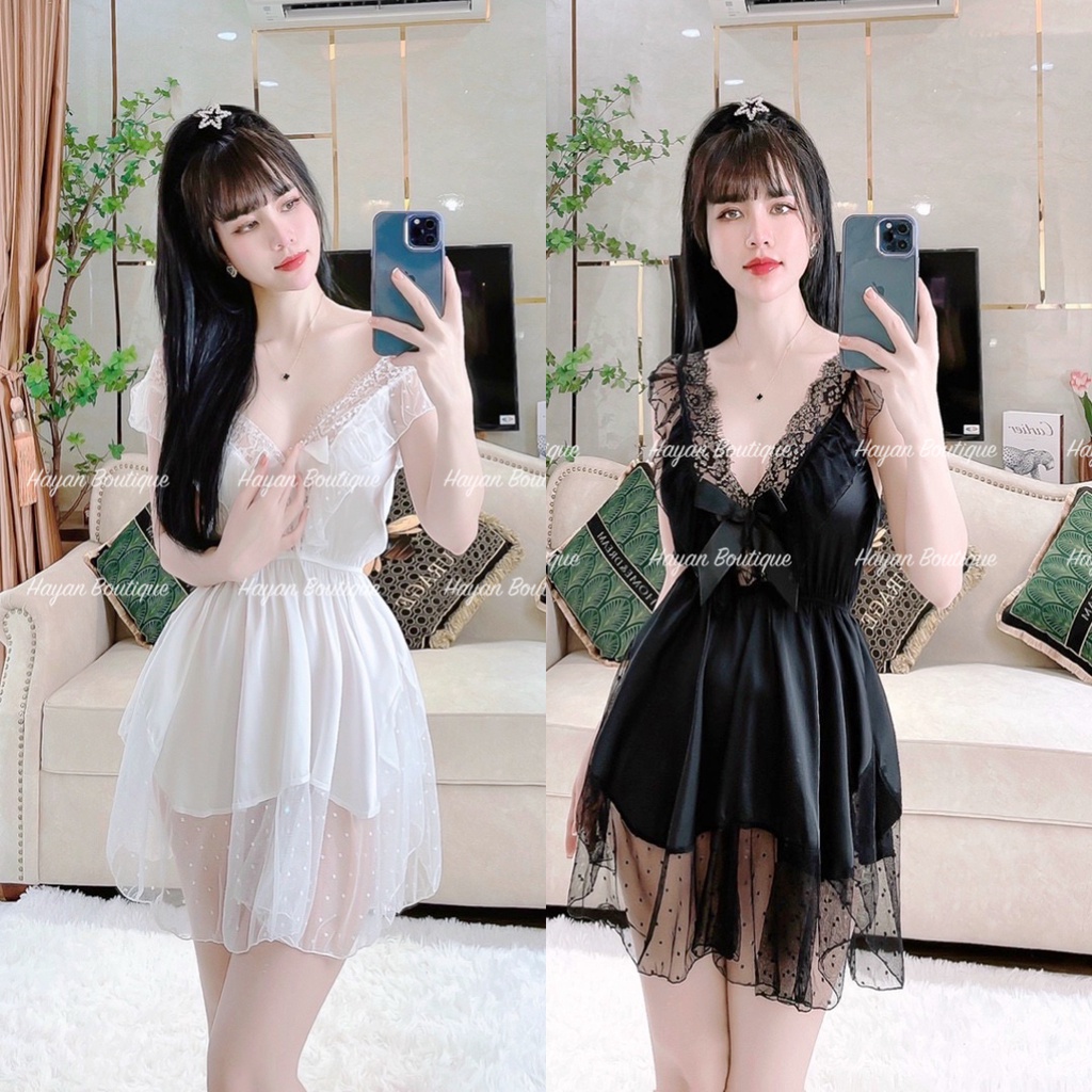 HT57 Váy ngủ sexy viền ren tiểu thư sang chảnh, váy ngủ lụa dáng xoè xẻ ngực gợi cảm HT57