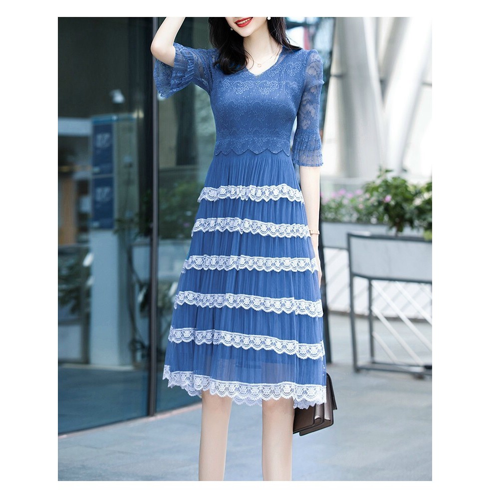 HÀNG QC - ĐẦM XÒE LỤA REN DẬP LY CỔ V PHỐI TẦNG CAO CẤP
