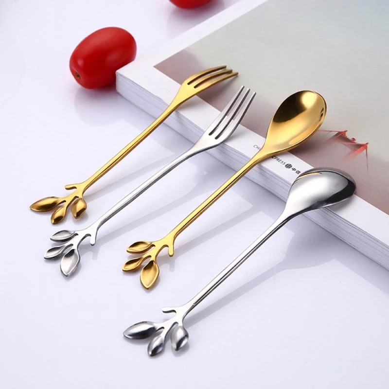 Bộ Muỗng Nĩa Ăn Tráng Miệng Bằng Thép Không Gỉ Hình Chiếc Lá Phong Cách Phương Tây