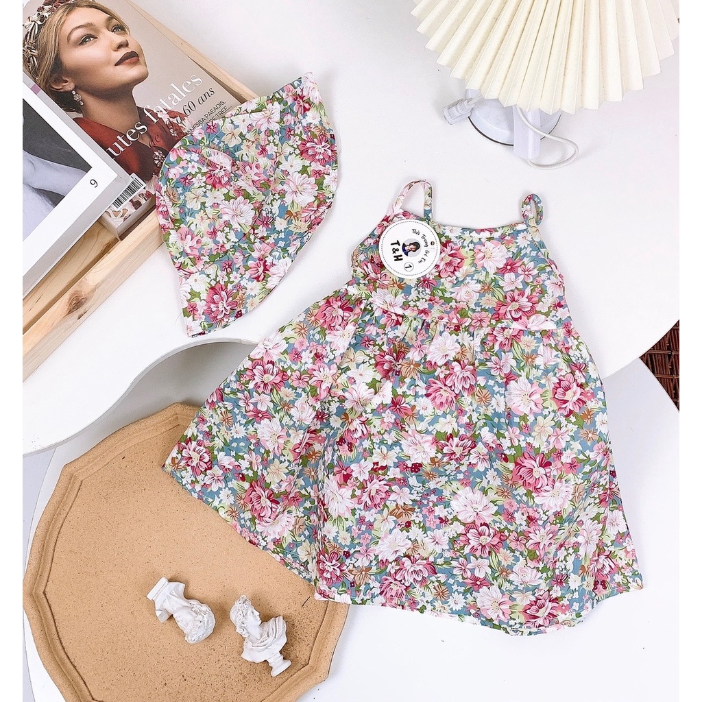 Váy bé gái 2 dây hoa nhí kèm mũ đội đầu XHN944