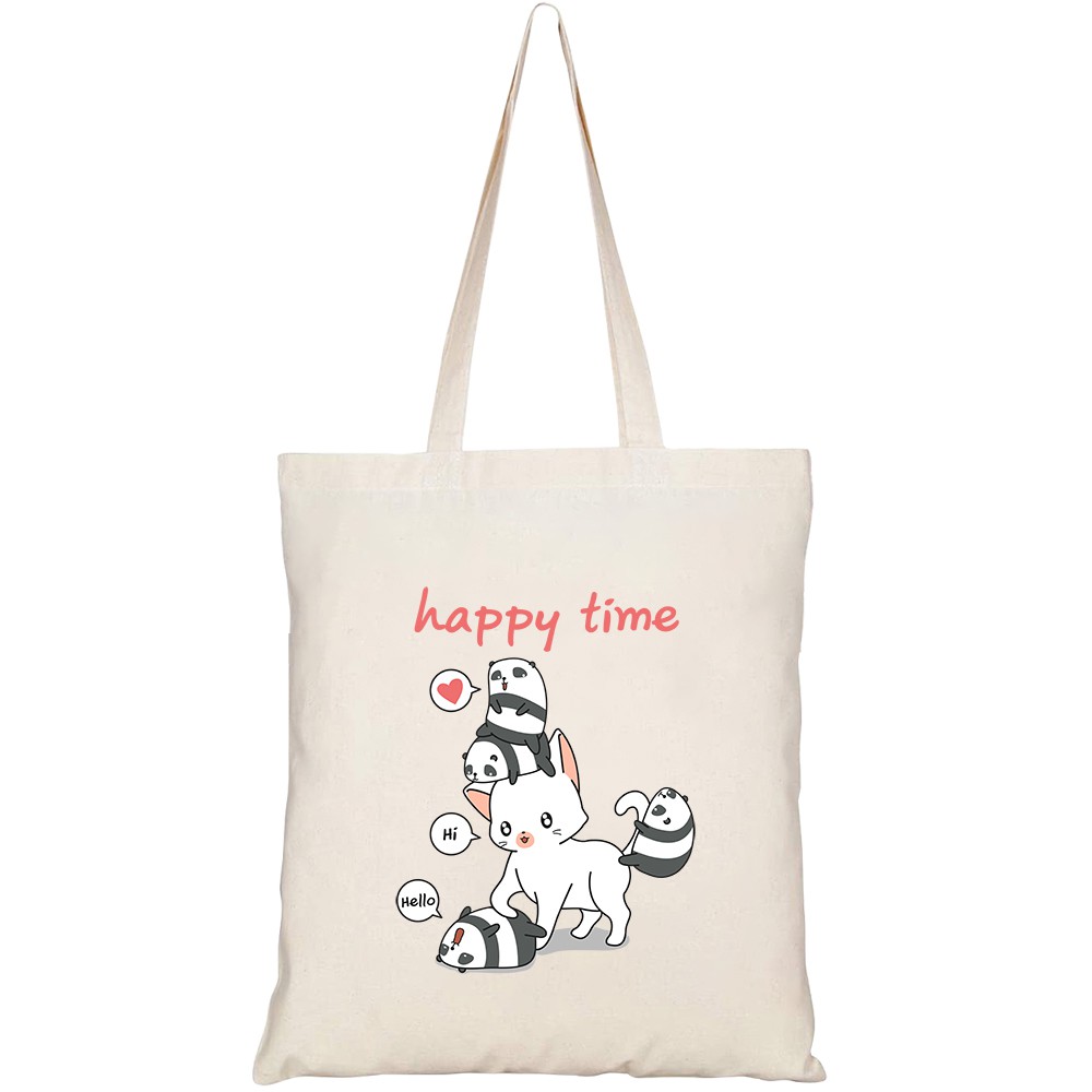 Túi vải tote canvas HTFashion in hình giant cat small pandas HT181