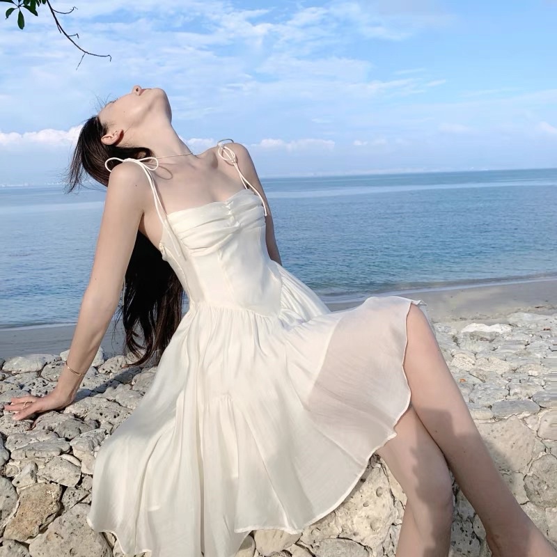 Đầm trắng 2 dây ôm body trắng thắt nơ ngực đuôi cá phối ren/Váy bánh bèo ulzzang mút ngưc