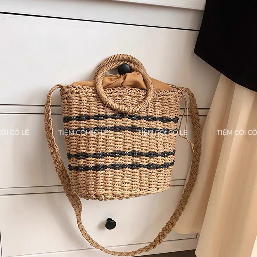 Túi cói đi biển sọc ngang quai tròn, giỏ xách phụ kiện du lịch, chụp ảnh - Tiệm Cói Cô Lê