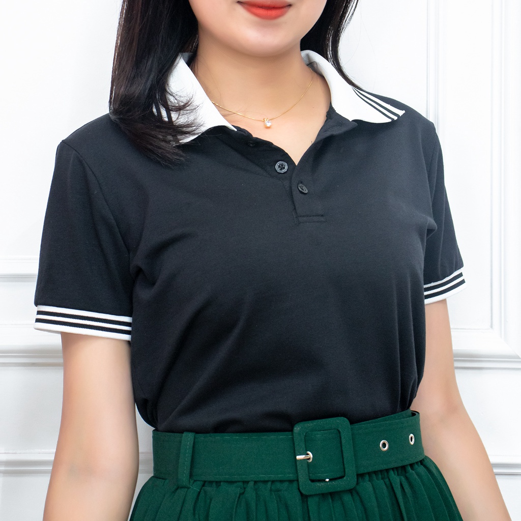 Áo phông nữ có cổ mùa hè AMYRA, polo tay ngắn co giãn basic vải cotton thun trơn trắng đen mặc đi làm, thể thao AT021