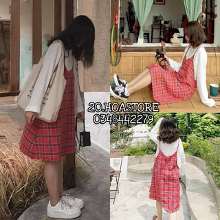 SET ÁO THUN DÀI TAY - YẾM VÁY KẺ CARO ĐỎ HOT