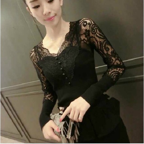 Thời Trang Ren Hoa Nữ Dệt Kim Áo Thun Nút Rỗng Áo Sơ Mi Gợi Cảm Áo Thanh Lịch