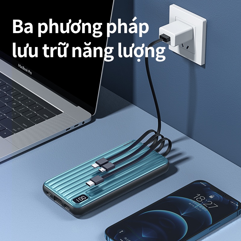 Pin sạc dự phòng KV 10000mAh2.1a đầu ra với cáp sạc micro / typec / chiếu sáng có thể sạc ba thiết bị cùng một lúc