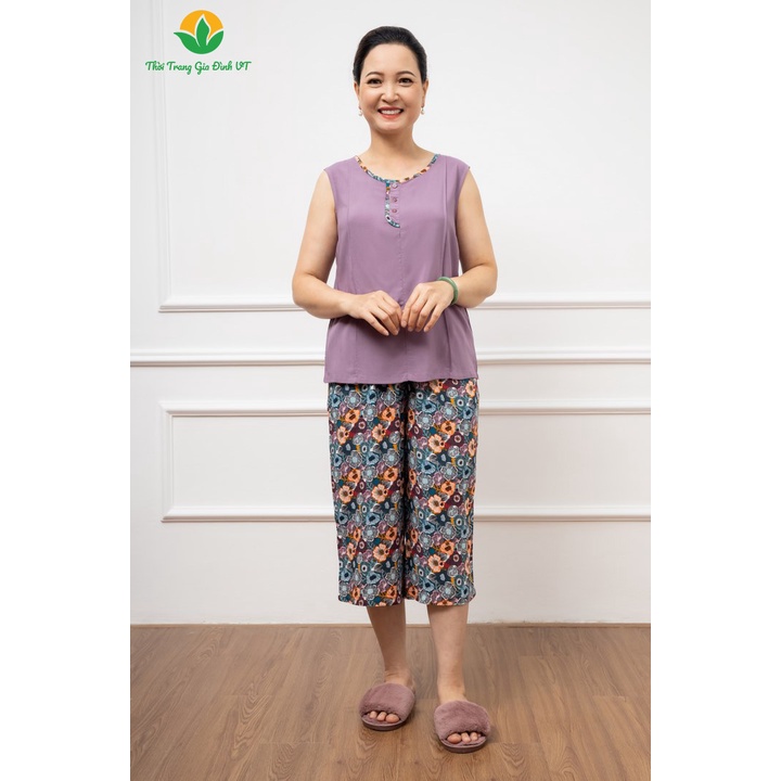 Bộ lanh Việt Thắng quần lửng áo sát nách trung niên phối áo trơn quần họa tiết B05.2208